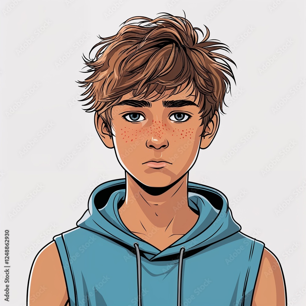 Fototapeta premium A teenage boy serious with tousled hair wearing a summer sleeveless hoodie in a simple hand drawing flat line design