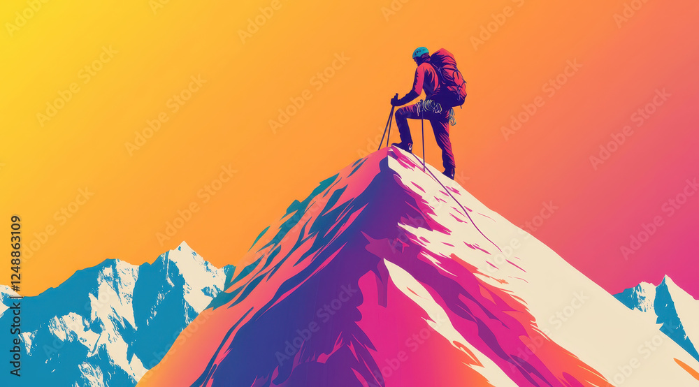 climber stands triumphantly on colorful mountain peak, showcasing adventure and determination