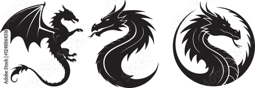 A set of flying dragon silhouette using flat solid black color design, vector illustration design on a white background.