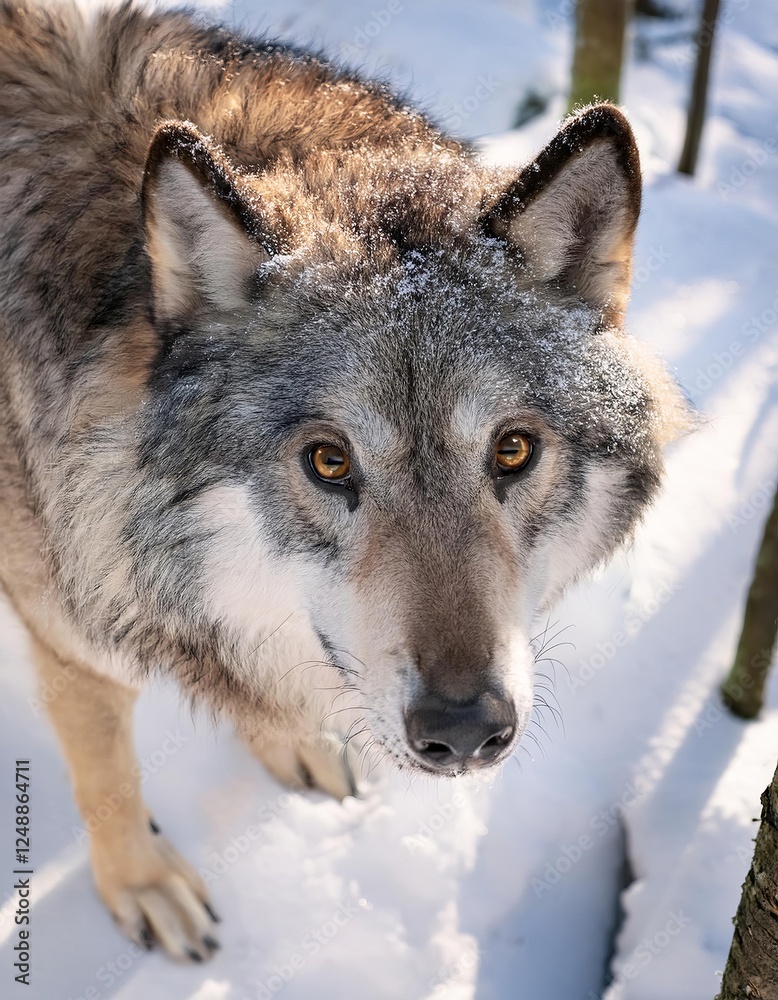 Fototapeta premium Curious eurasian wolf looking down in snowy forest habitat