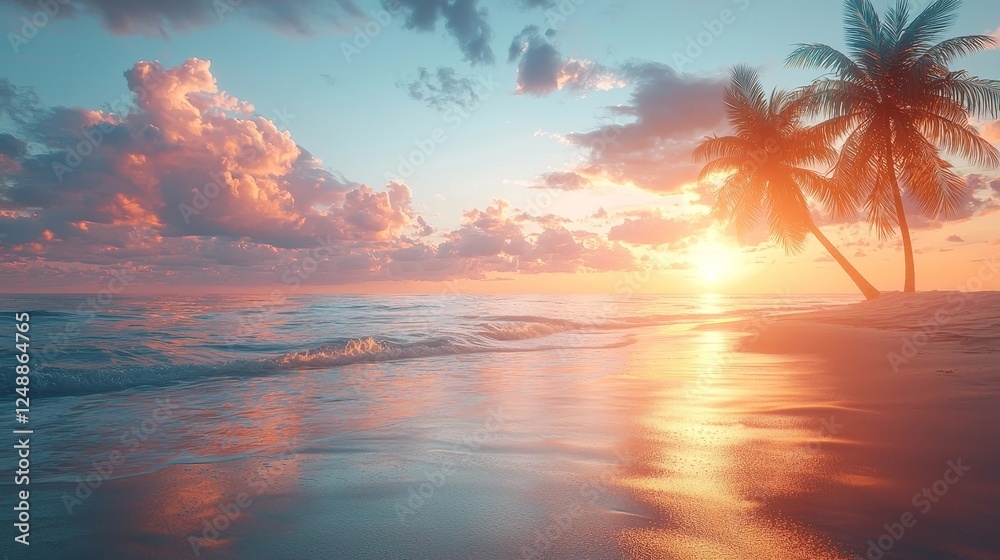Tranquil Tropical Beach at Dawn with Swaying Palm Trees and Golden Light Reflecting on the Sand Tranquil Tropical Beach at Dawn with Swaying Palm Trees and Golden Light Reflecting on the Sand