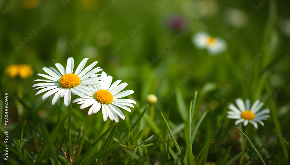 Daisy flower in the grass green shallow depth of field. Beautiful daisy flowers in nature, comic art. with white shades Daisy flower in the grass green shallow depth of field. Beautiful daisy flowers in nature, comic art. with white shades