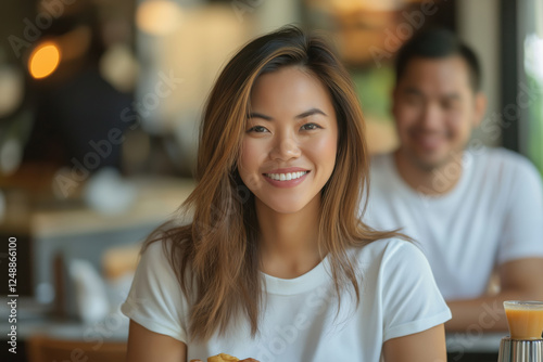 A beautiful 30-year-old Asian woman is having breakfast in a trendy restaurant. Advertising banner for cafes, restaurants. Concept of eating in a cafe, eating out