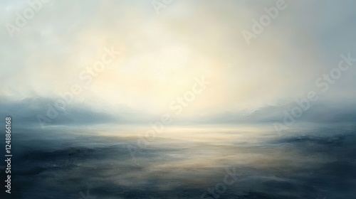 A serene landscape painting with ethereal light and soft tones