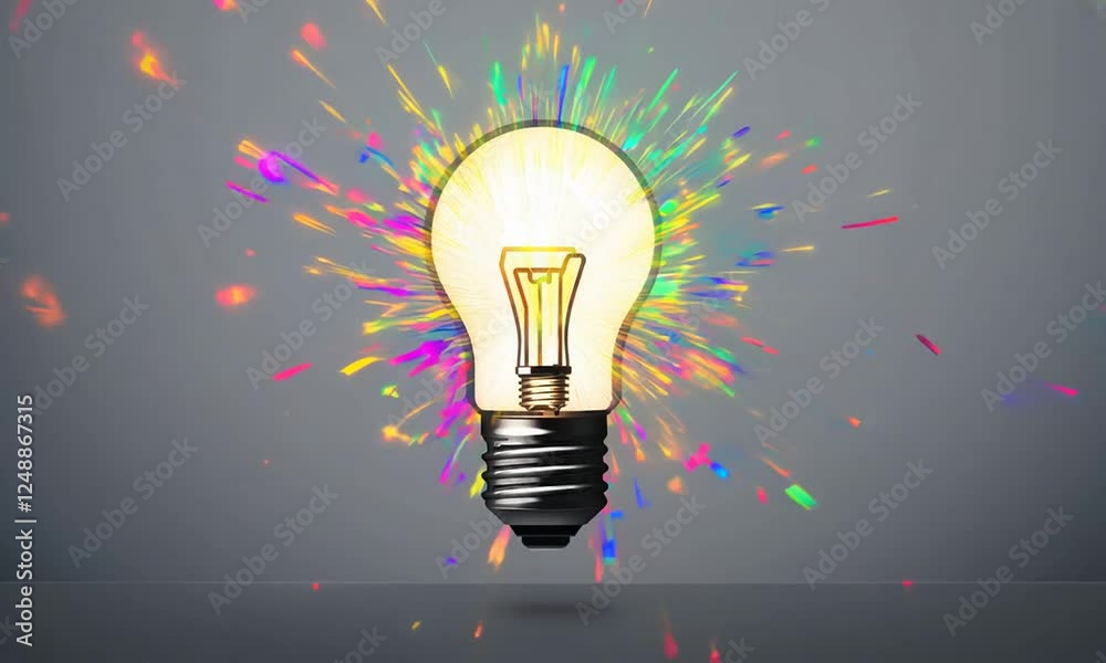 A light bulb appears against a gray background. The bulb glows brightly, and multicolored sparks erupt from the light bulb, representing ideas and inspiration.