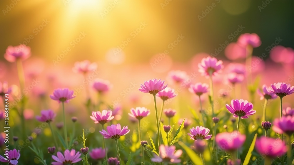 Fototapeta premium Sunlit Pink and Purple Flower Field