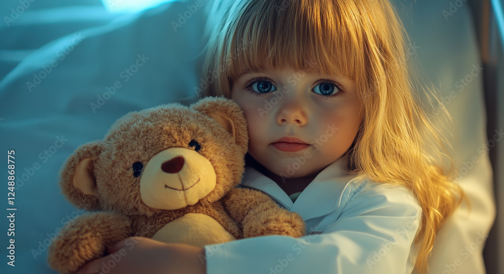 Young boy rests in hospital bed, holding a teddy bear closely, seeking comfort and reassurance during his stay Young boy rests in hospital bed, holding a teddy bear closely, seeking comfort and reassurance during his stay