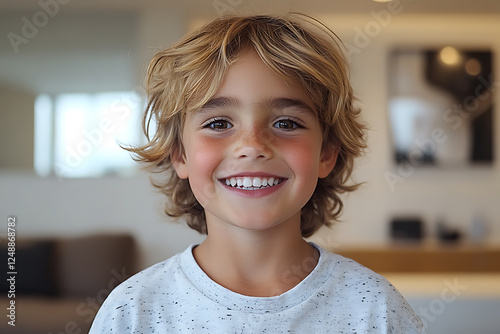 A 6-year-old child sitting in a modern dental chair, smiling happily with bright white teeth visible. Her expression is joyful and relaxed, reflecting a positive dental experience.