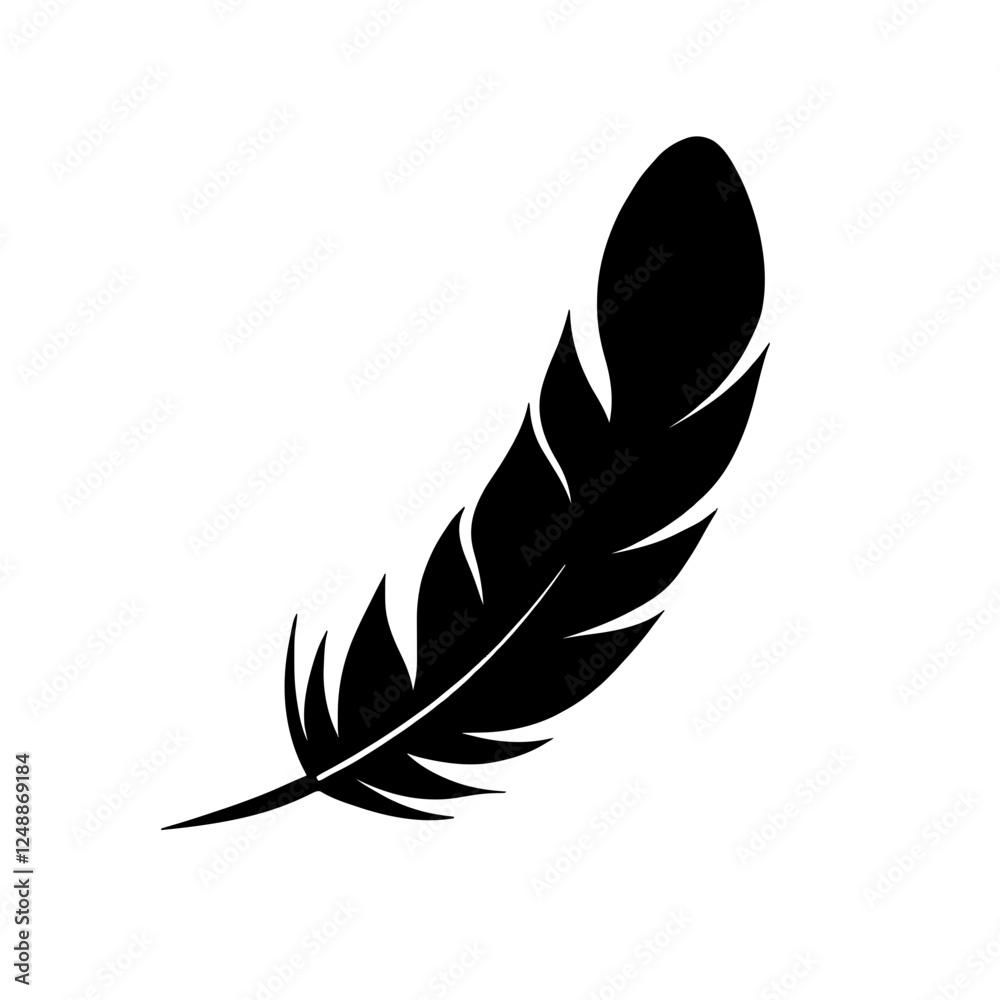 Minimalist black silhouette of an elegant feather on white background