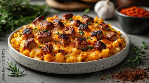 Creamy Sausage Mac & Cheese, Kitchen Table, Herb Garnish photo