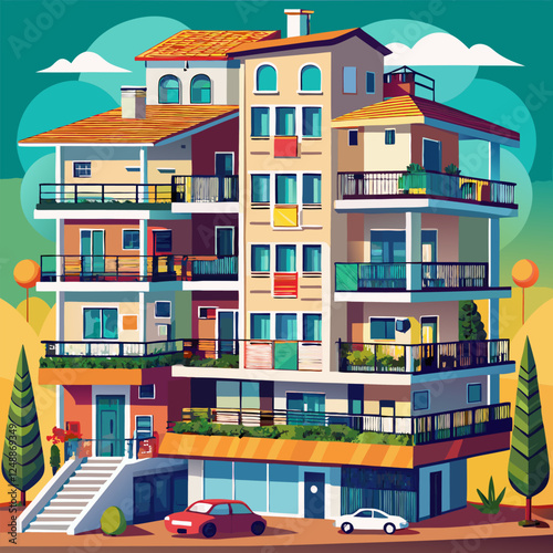Apartment Complex with Multiple Floors and Balconies Vector Background