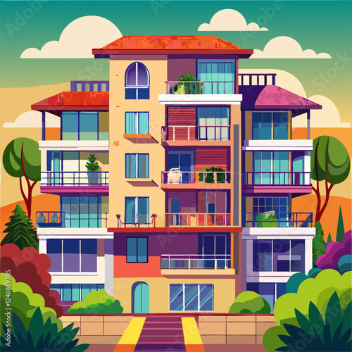 Apartment Complex with Multiple Floors and Balconies Vector Background