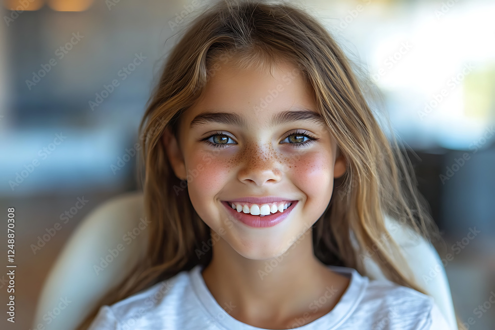 A 6-year-old child sitting in a modern dental chair, smiling happily with bright white teeth visible. Her expression is joyful and relaxed, reflecting a positive dental experience. A 6-year-old child sitting in a modern dental chair, smiling happily with bright white teeth visible. Her expression is joyful and relaxed, reflecting a positive dental experience.