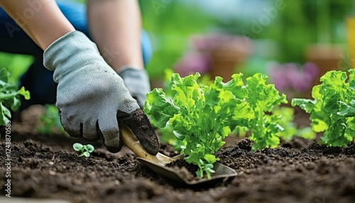 Woman with gardening Gloves Planting organic Lettuce Seedlings into Vegetable Garden