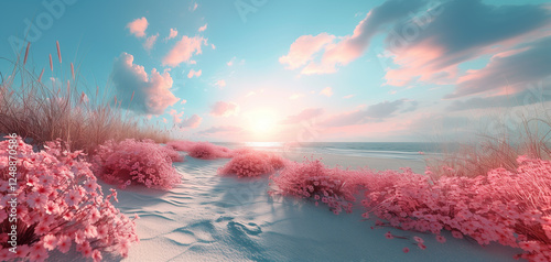 A serene beach scene with pink flowers, waves, and a colorful sky at sunset. photo