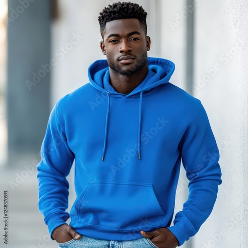 African American man wearing current style jeans paired with a royal blue hoodie
