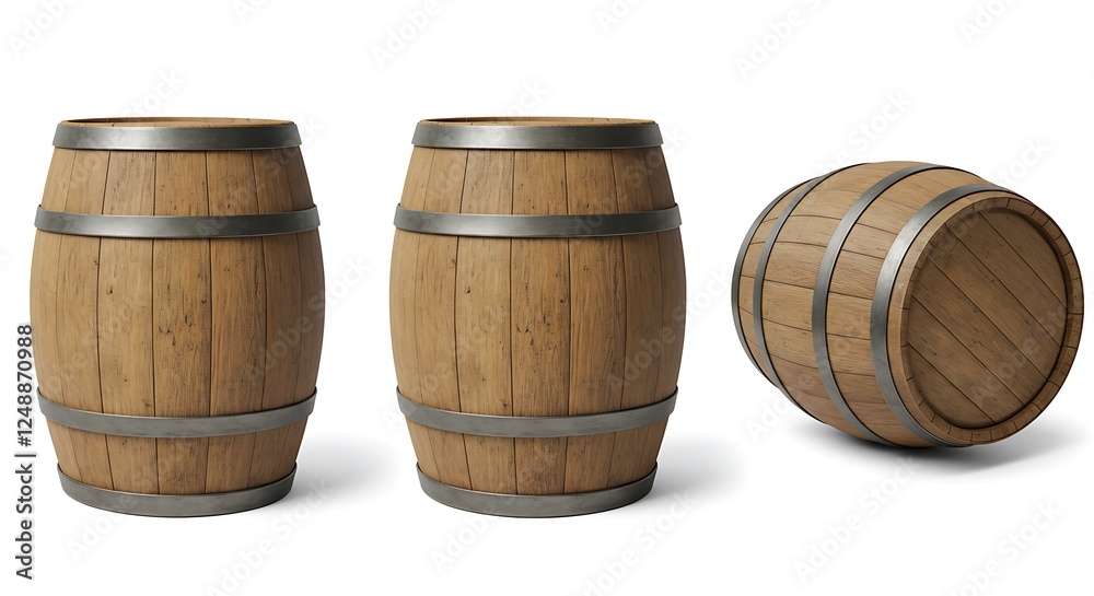 Wooden barrel, view from different angles, isolated on transparent background. Clipping path included. 3D render.
Wooden barrel, view from different angles, isolated on transparent background. Clipping path included. 3D render.