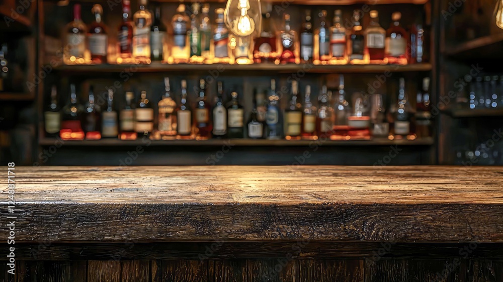 Rustic Wooden Bar Counter with Blurred Alcohol Bottles Background Rustic Wooden Bar Counter with Blurred Alcohol Bottles Background
