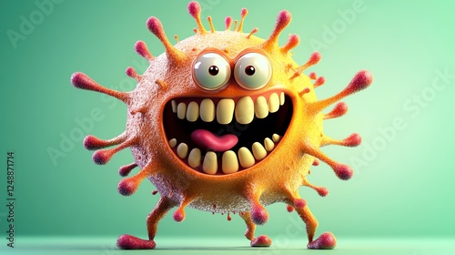 A cheerful, cartoonish virus character with large eyes and an exaggerated smile, surrounded by colorful spiky protrusions, set against a bright background.
