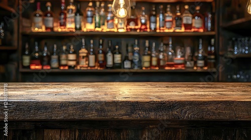 Wallpaper Mural Rustic Wooden Bar Counter with Blurred Alcohol Bottles Background Torontodigital.ca