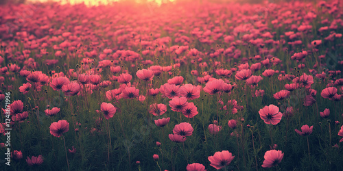 beautiful pink and red cosmos flower field 