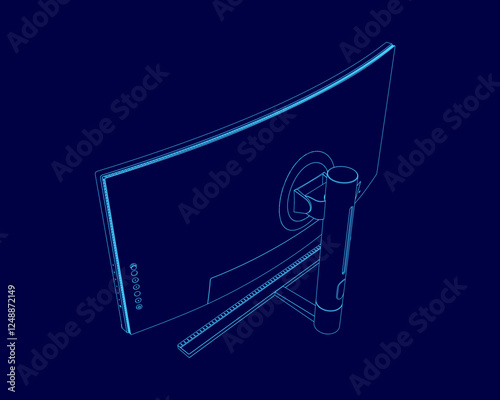 A computer monitor is shown in a blue background. The monitor is a large, curved screen. The image is a stylized drawing of the monitor, with the focus on the curved screen