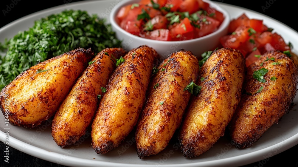Crispy fried cassava, salsa, parsley; dark background; food photography Crispy fried cassava, salsa, parsley; dark background; food photography