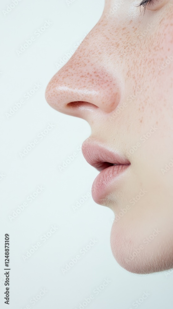 Profile of a young woman with freckles accentuating perfectly shaped lips and nose, embodying beauty, skincare, and cosmetic dentistry with a fresh, radiant look Profile of a young woman with freckles accentuating perfectly shaped lips and nose, embodying beauty, skincare, and cosmetic dentistry with a fresh, radiant look