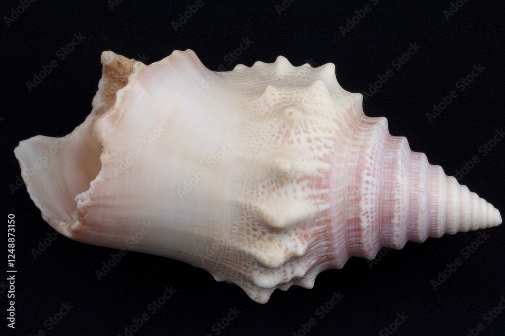Beautiful pink and cream sea shell on a dark background, showcasing intricate textures and natural patterns for beach themed decorations or marine biology studies