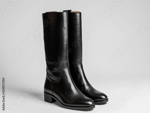 Elegant black leather riding boots for women displayed on white background photo