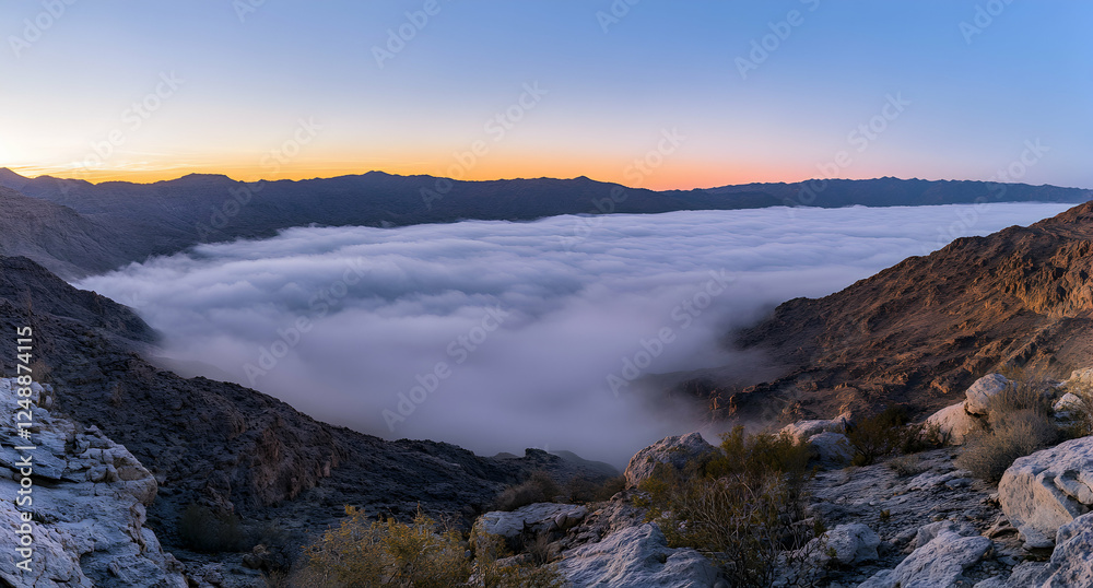 A Sea of Clouds Nestled Between Rugged Mountain Ranges at Dawn, Radiating Serenity and the Beauty of Nature's Majestic Landscape A Sea of Clouds Nestled Between Rugged Mountain Ranges at Dawn, Radiating Serenity and the Beauty of Nature's Majestic Landscape