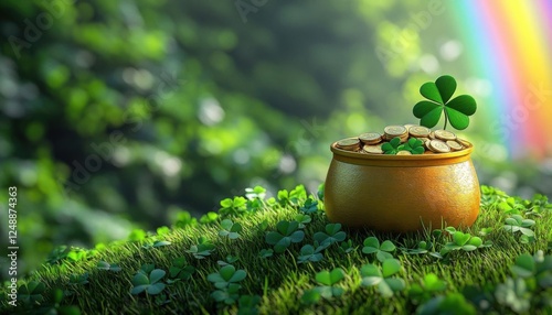 3D render of a golden pot with coins on a grassy hill