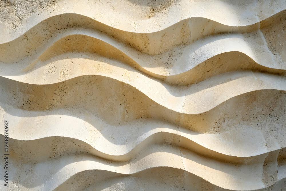 Architectural facade featuring undulating relief patterns, sculpted in a soft, textured beige stone under natural sunlight Architectural facade featuring undulating relief patterns, sculpted in a soft, textured beige stone under natural sunlight