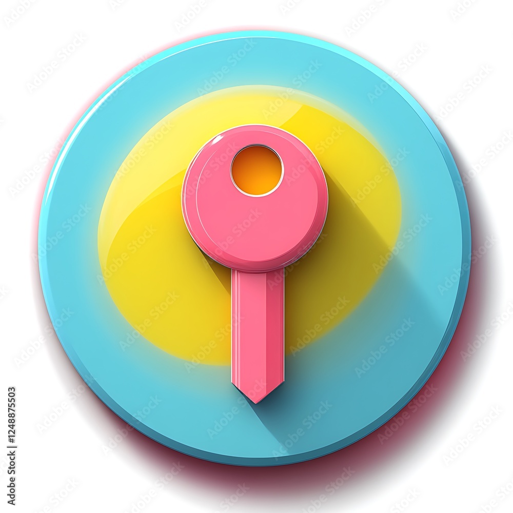 3D Pink Key Icon on a Blue and Yellow Circle Background with a Long Shadow 3D Pink Key Icon on a Blue and Yellow Circle Background with a Long Shadow