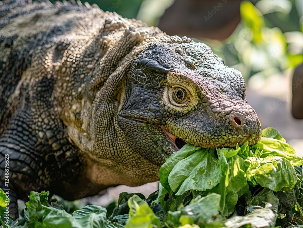 Close-up of a Komodo Dragon eating leaves showcasing its scaled skin and unique features