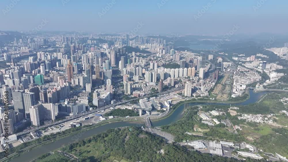 Skyview of Shenzhen Futian Luohu Huaqiang Gangxia District, highlighting technology innovation, financial hubs and skyscrapers that showcase the economic success of the China Greater Bay Area Skyview of Shenzhen Futian Luohu Huaqiang Gangxia District, highlighting technology innovation, financial hubs and skyscrapers that showcase the economic success of the China Greater Bay Area