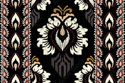 Ikat embroidery on black background. Traditional geometric oriental ethnic pattern. Abstract Aztec style vector illustration.