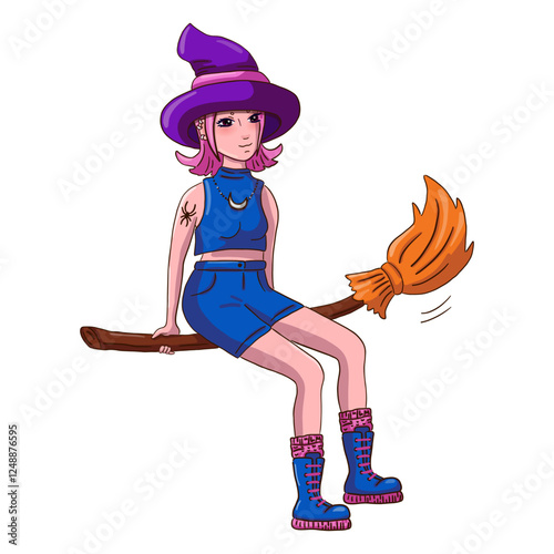 Witch in hat is flying on a broom on white background. Modern witch. Vector illustration.