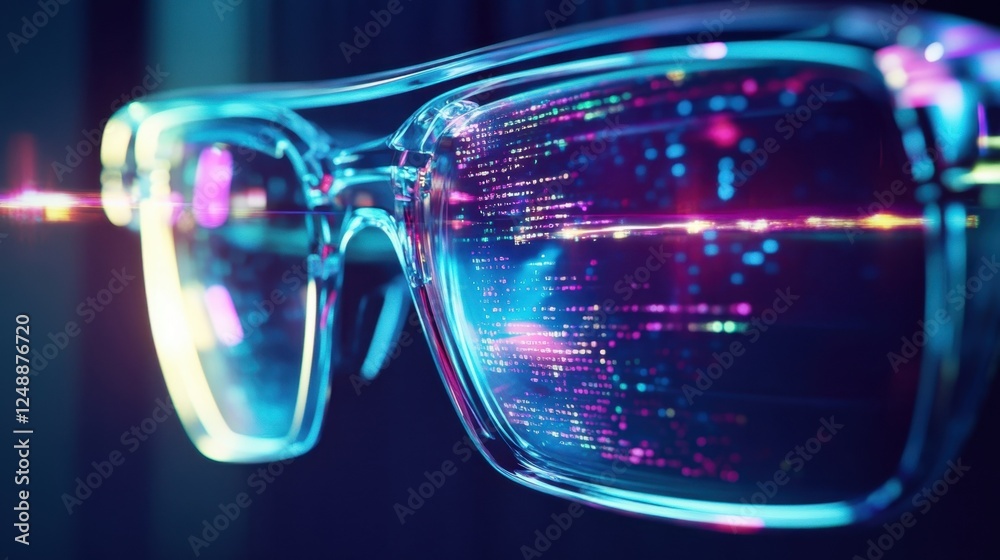 Transparent smart glasses showcasing vibrant digital data streams and light reflections, symbolizing advanced technology and innovation in augmented reality and wearable tech