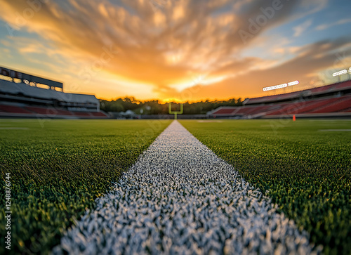 Spectacular sunset illuminates an empty football stadium, focusing on the vibrant green field and crisp white yard lines promising future sporting glory