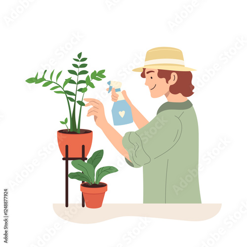 Young woman sprays indoor potted plants. Colored concept of home gardening and houseplant care. Flat vector illustration highlights trend of nurturing greenery indoors isolated on white background