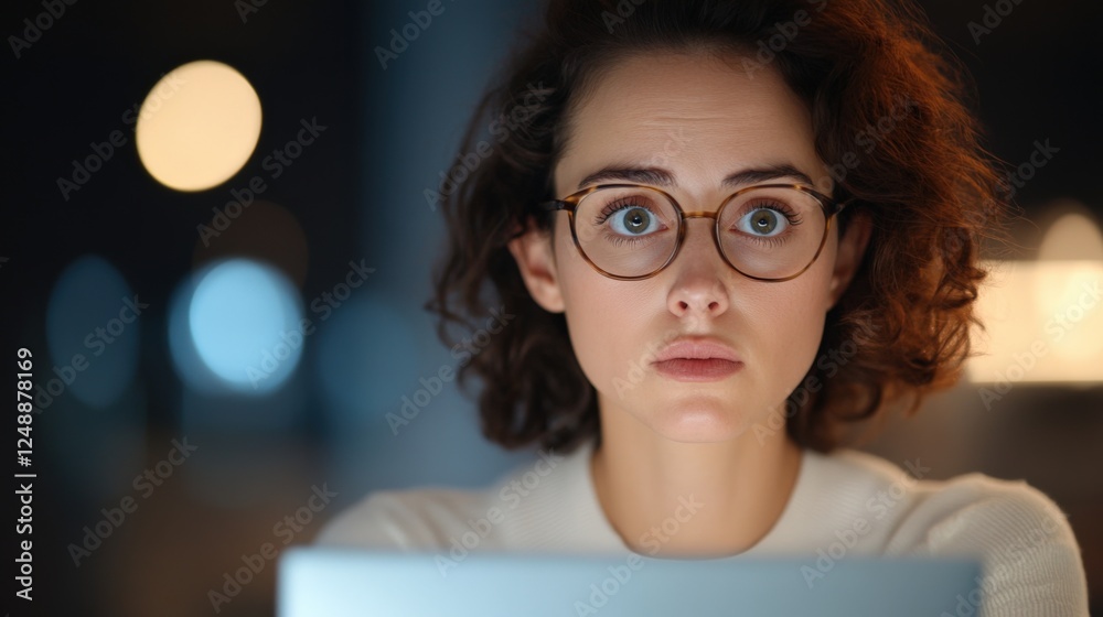 woman looking at computer screen with concerned expression woman looking at computer screen with concerned expression