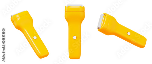3d set electric hair clippers or trimmers yellow color with different angles. Razor for barbershop. Front view. Stock vector illustration on isolated background.