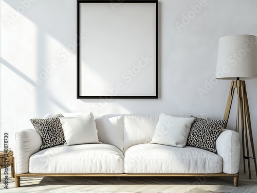 Modern white sofa, blank frame, sunlit room, minimalist design, interior mockup photo