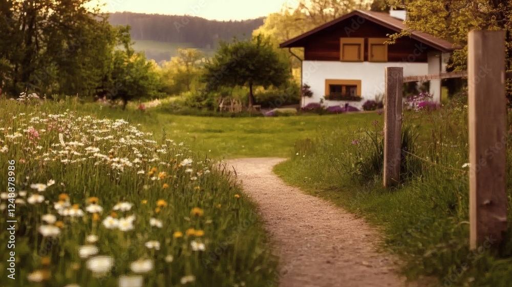 Path winding through a flower-filled meadow leading to a cozy house at sunset in a tranquil countryside setting Path winding through a flower-filled meadow leading to a cozy house at sunset in a tranquil countryside setting