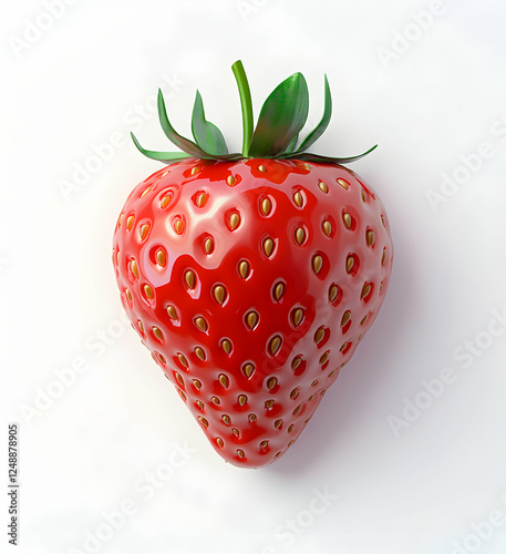 A lusciously rendered strawberry glistens against a clean backdrop, showcasing vibrant color and intricate seed detail, a delicious digital creation photo