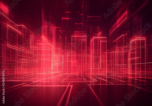 Crimson Cityscape, An Abstract Representation of Urban Connectivity and Digital Infrastructure with Futuristic Red Glow and Geometric Precision photo