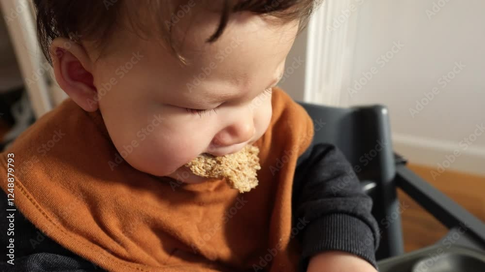 Cute Multiracial Infant baby boy eating bread in a high chair. Cute Multiracial Infant baby boy eating bread in a high chair.