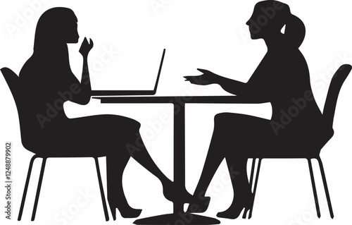 Business two woman silhouette doing group meeting sitting on a table, using flat solid black color design, vector illustration design on a white background.