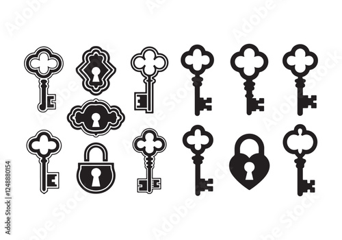 A set of decorative key and lock designs in a bold silhouette style. Each design features a central dividing line for symmetry, and is crafted in a clean and fresh vector One key